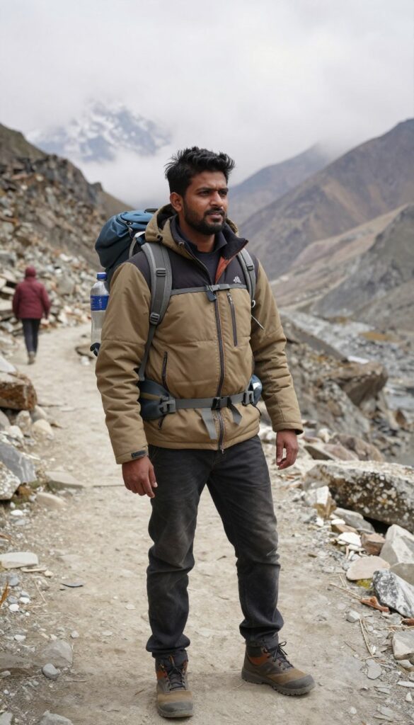 Traveler preparing safely for high altitude at Nathula Pass